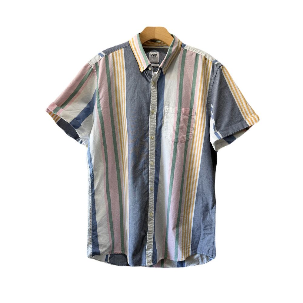 ZARA Mens Multicolor Pastel Striped Button-Down Short Sleeve Shirt Relaxed Fit L